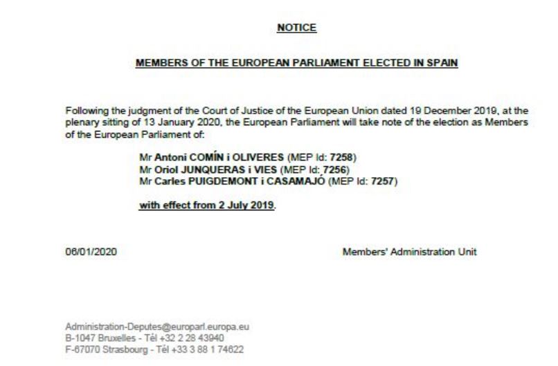 European Parliament notice on Puigdemont, Comín and Junqueras' MEP status